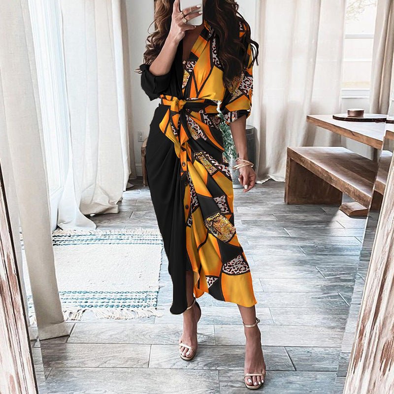 European And American Print Long - Sleeved Lace - Up Single - Breasted Shirt Dress - PratSN