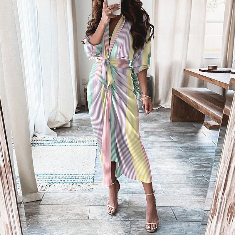 European And American Print Long - Sleeved Lace - Up Single - Breasted Shirt Dress - PratSN