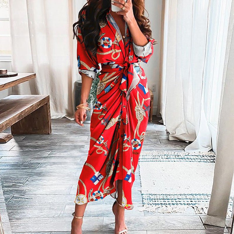European And American Print Long - Sleeved Lace - Up Single - Breasted Shirt Dress - PratSN