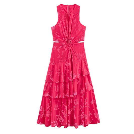European And American Style Flocking Midriff Outfit Round Neck Sleeveless Dress - PratSN