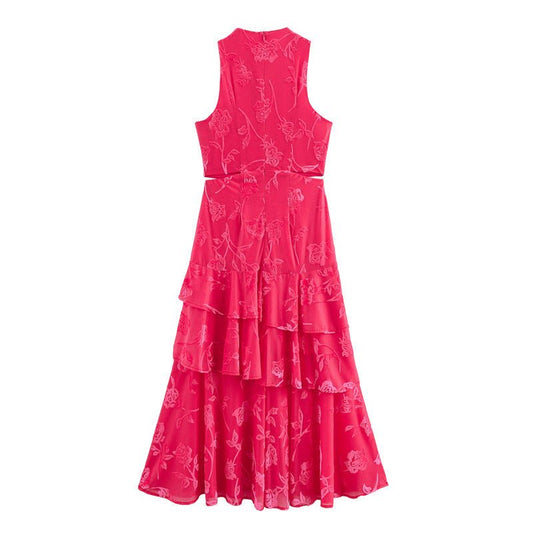European And American Style Flocking Midriff Outfit Round Neck Sleeveless Dress - PratSN
