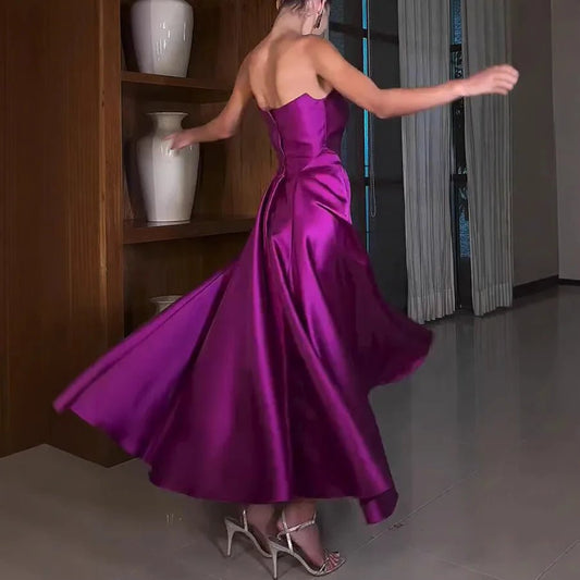 European And American Women's Clothing Solid Color Satin Evening Dress Dress, Tube Top, Sleeveless Long Dress, Super Pendulum - PratSN