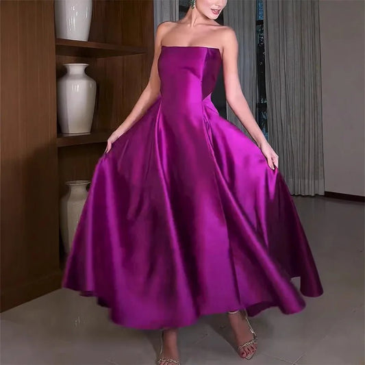 European And American Women's Clothing Solid Color Satin Evening Dress Dress, Tube Top, Sleeveless Long Dress, Super Pendulum - PratSN