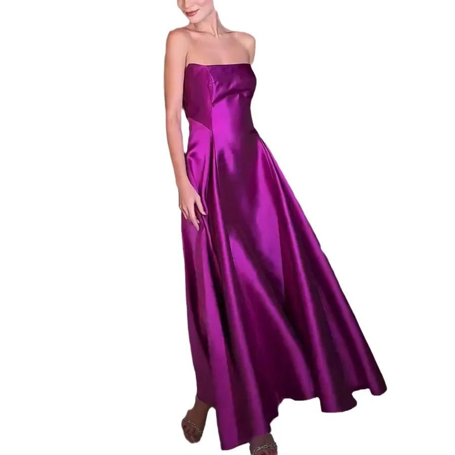 European And American Women's Clothing Solid Color Satin Evening Dress Dress, Tube Top, Sleeveless Long Dress, Super Pendulum - PratSN