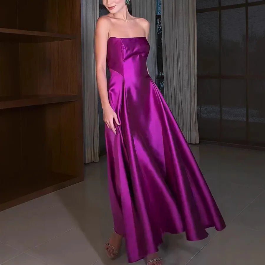 European And American Women's Clothing Solid Color Satin Evening Dress Dress, Tube Top, Sleeveless Long Dress, Super Pendulum - PratSN