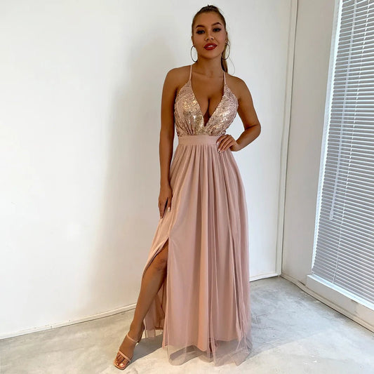 European Style Women's Clothing Summer Sequin Dresses Sleeveless V - neck New Solid Color Sexy Sling Slit Long Dress - PratSN