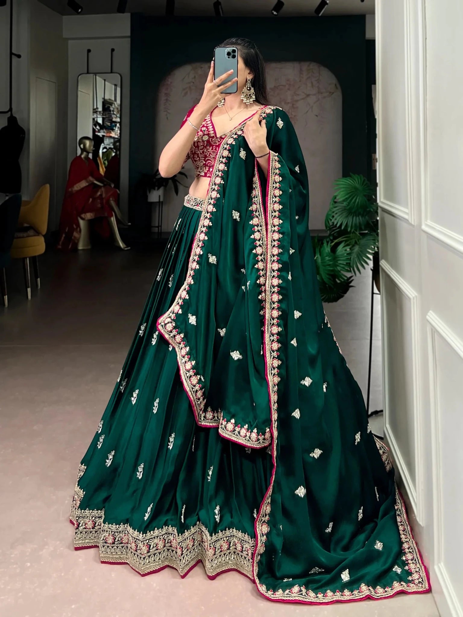 Exclusive Designer Silk Lehenga Choli for Women with Floral Embroidery and Heavy Bottom Work Indian Pakistani Outfit - PratSN