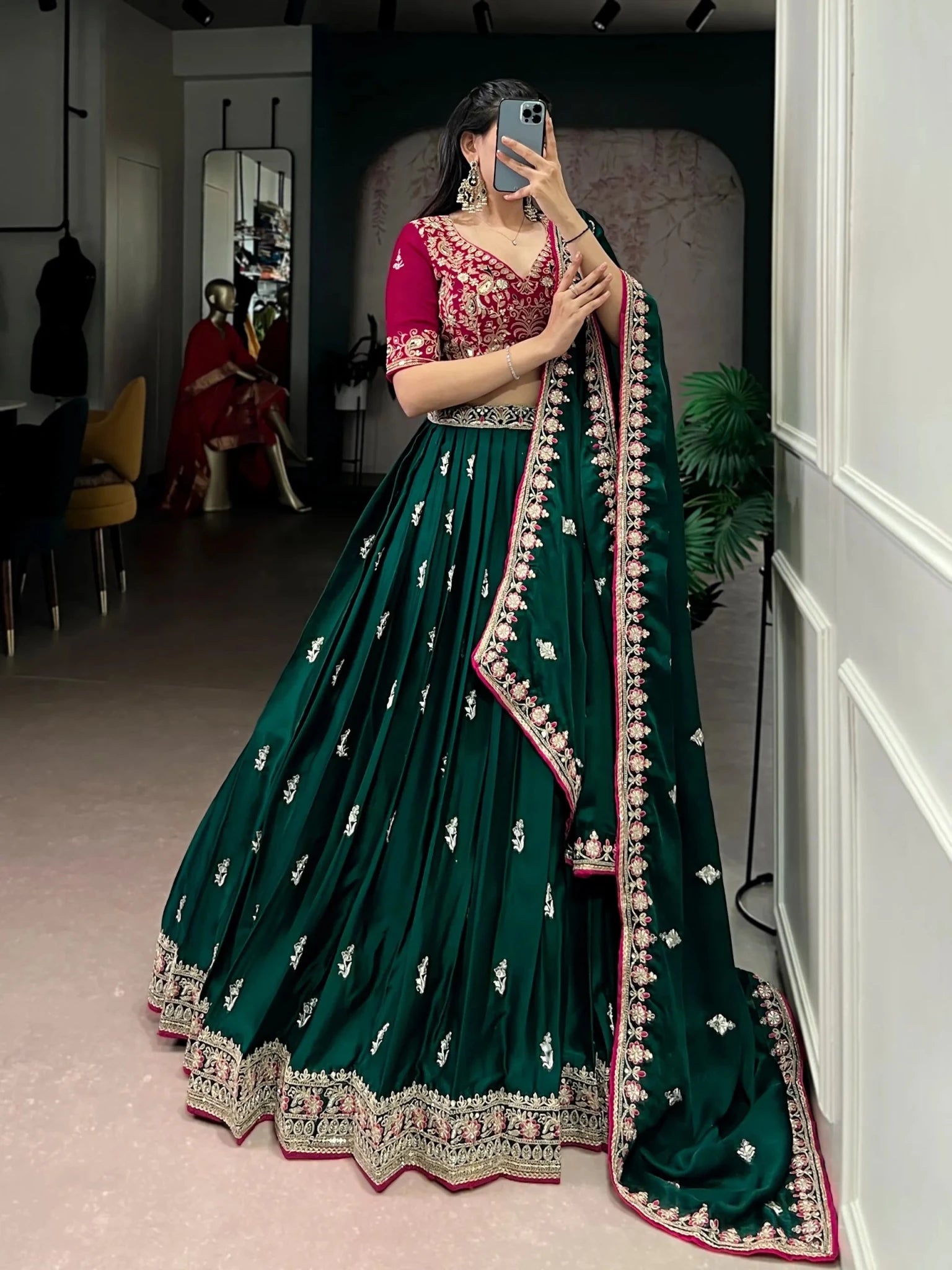 Exclusive Designer Silk Lehenga Choli for Women with Floral Embroidery and Heavy Bottom Work Indian Pakistani Outfit - PratSN