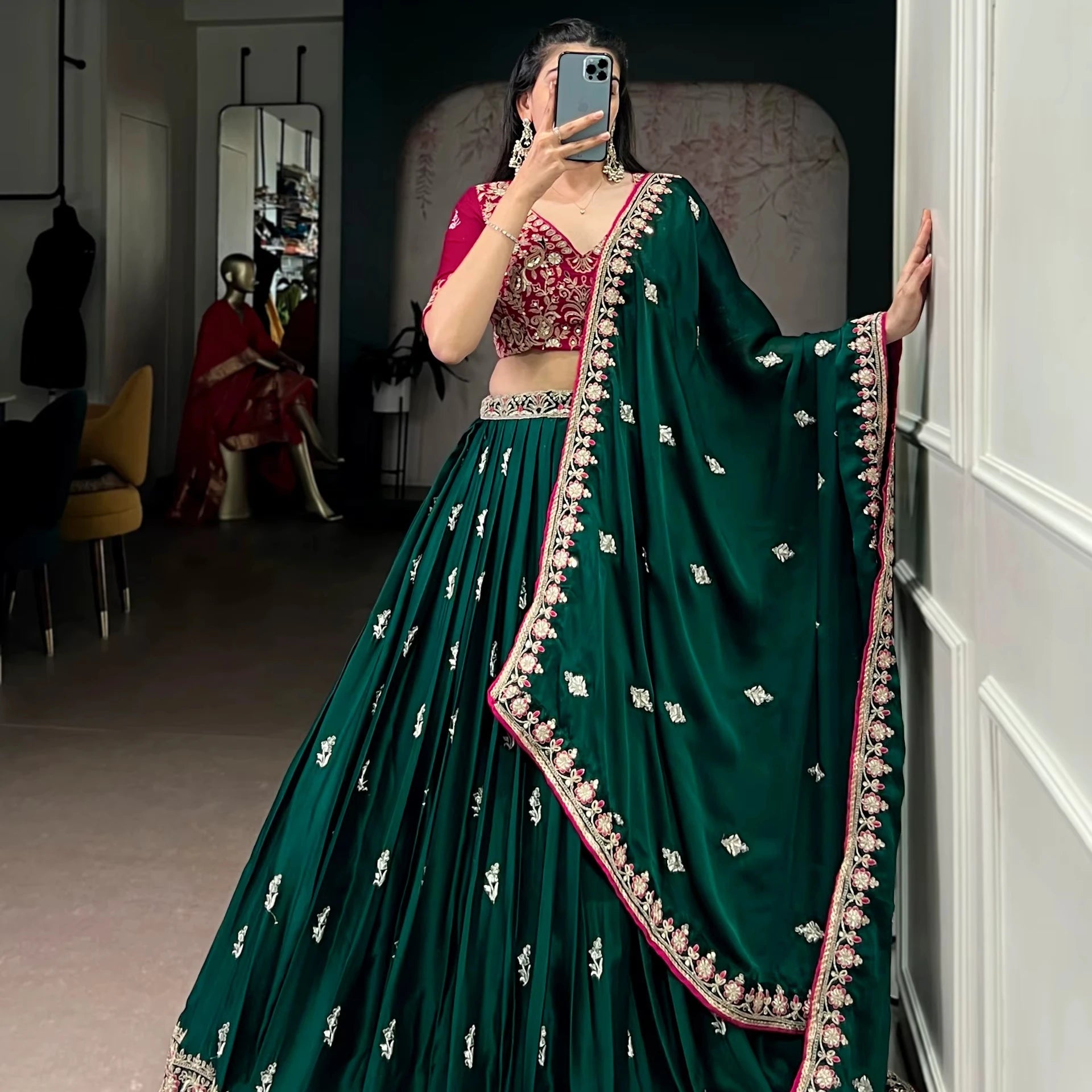 Exclusive Designer Silk Lehenga Choli for Women with Floral Embroidery and Heavy Bottom Work Indian Pakistani Outfit - PratSN