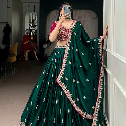 Exclusive Designer Silk Lehenga Choli for Women with Floral Embroidery and Heavy Bottom Work Indian Pakistani Outfit - PratSN