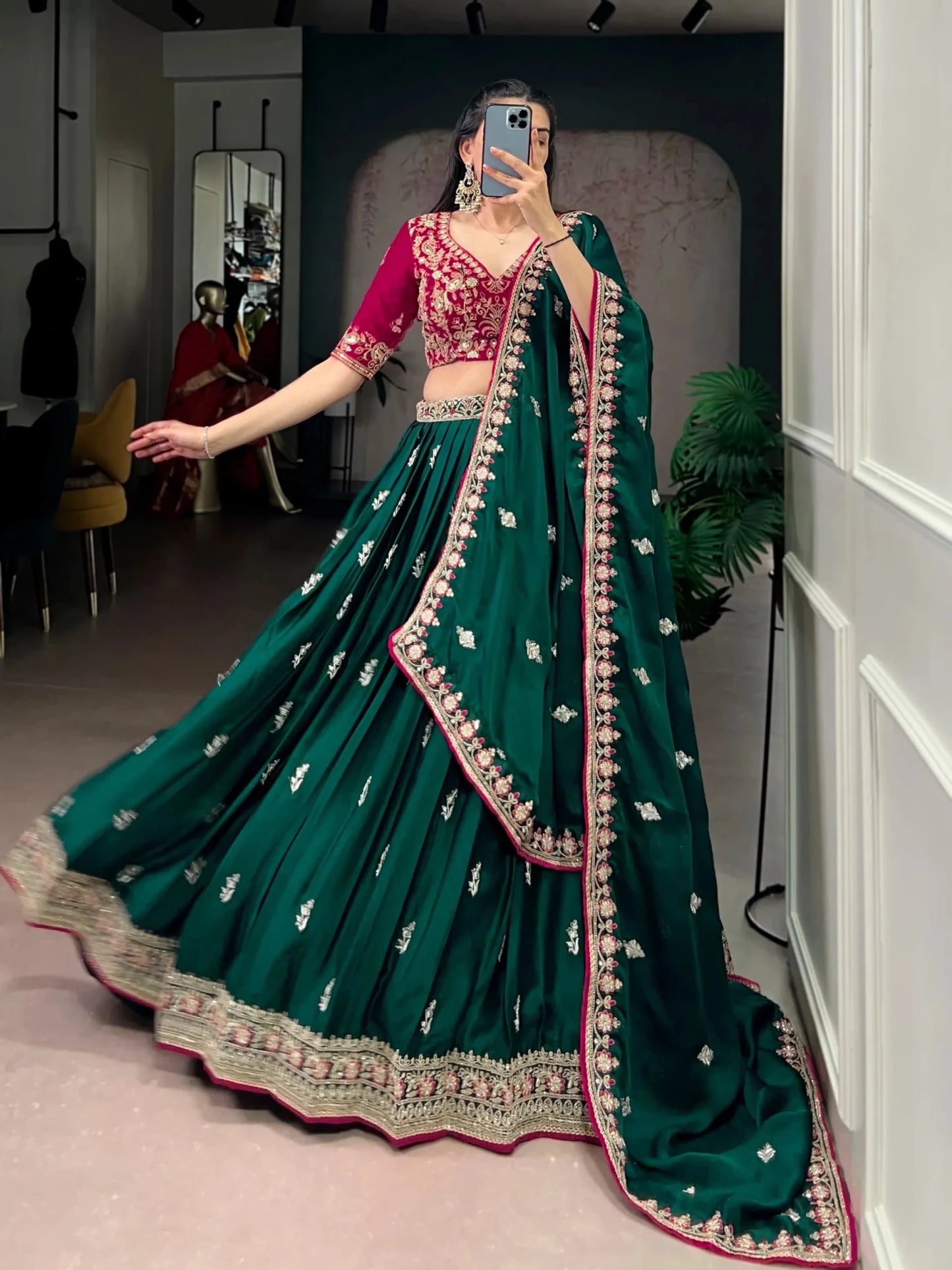 Exclusive Designer Silk Lehenga Choli for Women with Floral Embroidery and Heavy Bottom Work Indian Pakistani Outfit - PratSN
