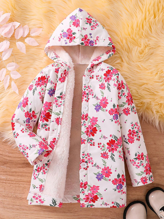 Fall/Winter Girls' Fleece Hooded Single - Breasted Floral Print Coat Holiday School Thermal Jacket Top - PratSN