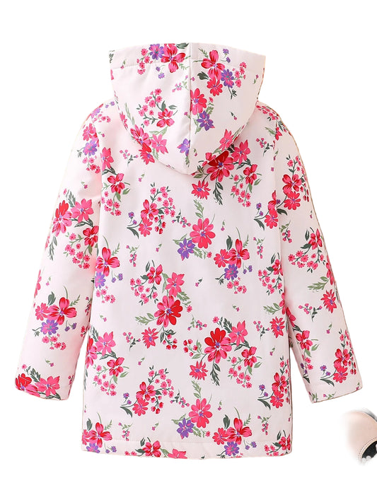 Fall/Winter Girls' Fleece Hooded Single - Breasted Floral Print Coat Holiday School Thermal Jacket Top - PratSN
