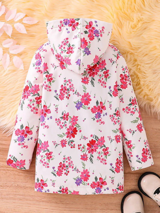 Fall/Winter Girls' Fleece Hooded Single - Breasted Floral Print Coat Holiday School Thermal Jacket Top - PratSN