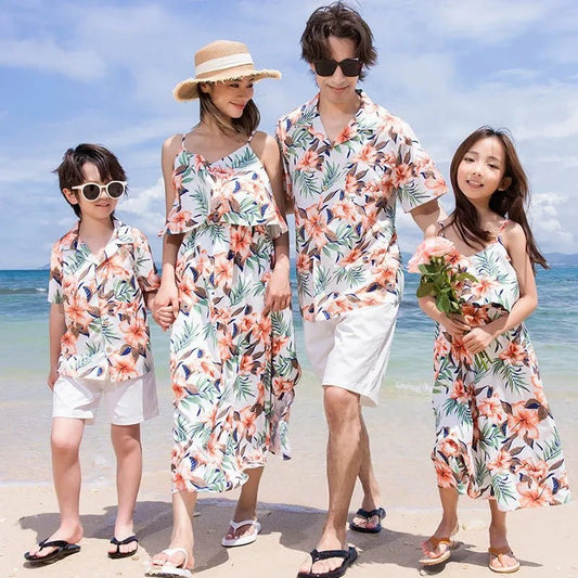 Family Look Vacation Beach Clothing Mom Daughter Sleeveless Dress Dad Son Matching Floral Shirt Set Parent Child Holiday Clothes - PratSN