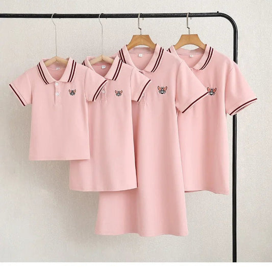 Family Matching Clothes Summer Mother Kids Dresses Cotton Couple Family Look Father Son Polo T-Shirts Tops Mom Daughter Dress - PratSN