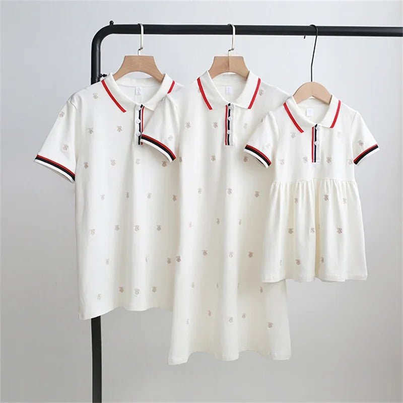 Family Matching Clothes Summer Mother Kids Dresses Cotton Couple Family Look Father Son Polo T-Shirts Tops Mom Daughter Dress - PratSN