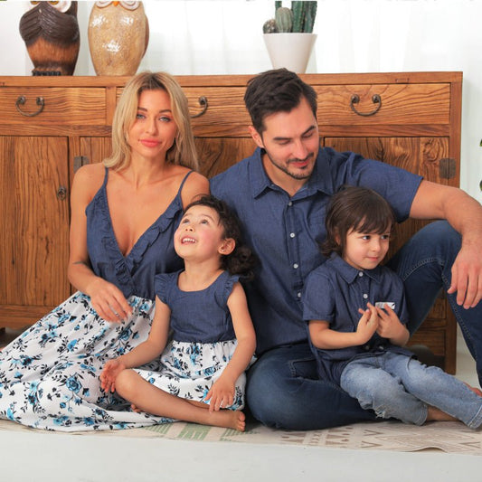 Family Matching Family Denim Sling Skirt Baby Girl Mom Dad Boy Boy Shirt Parent - Child - PratSN