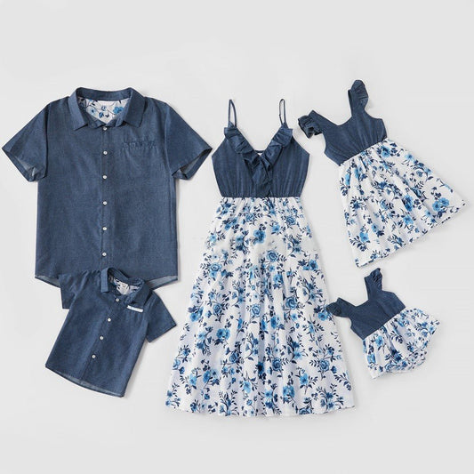 Family Matching Family Denim Sling Skirt Baby Girl Mom Dad Boy Boy Shirt Parent - Child - PratSN