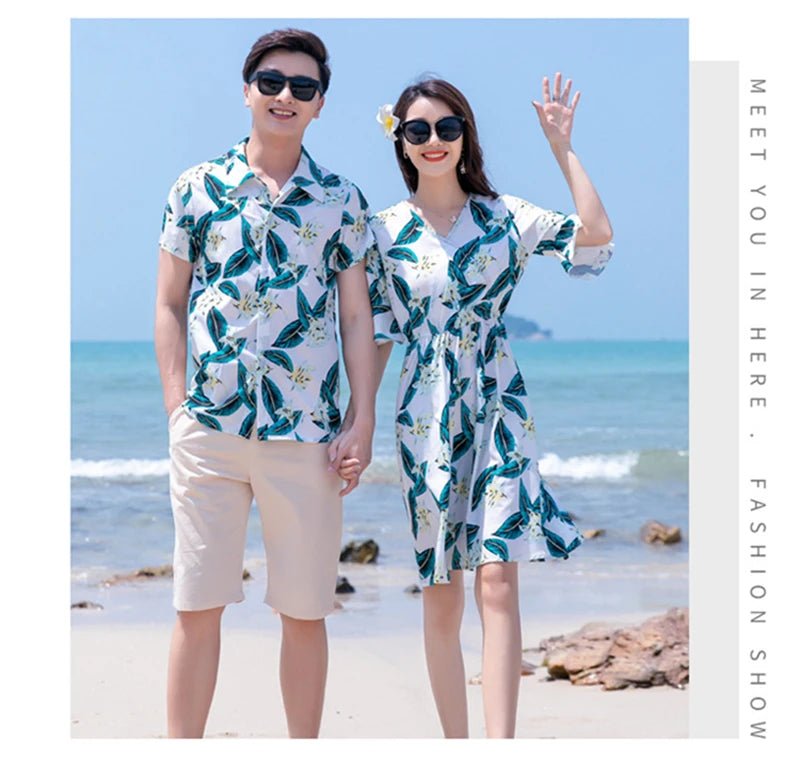 Family Matching Outfits Summer Beach Mother Daughter Dresses Dad Son Floral Shirt+Pants Couple Matching Outfits Women Girl Dress - PratSN