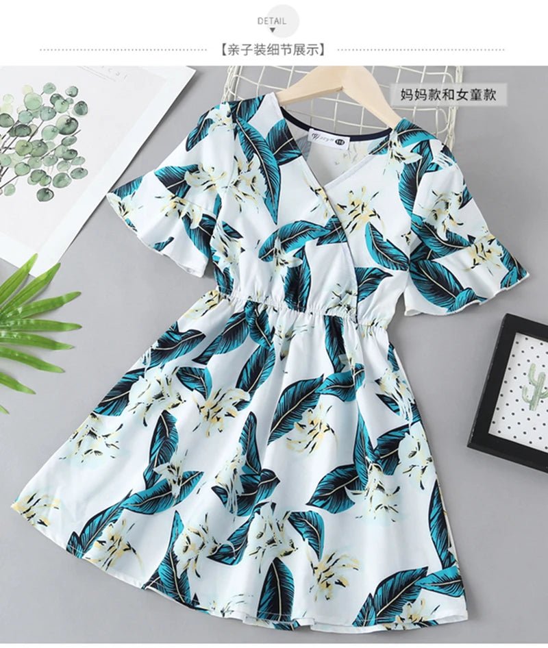 Family Matching Outfits Summer Beach Mother Daughter Dresses Dad Son Floral Shirt+Pants Couple Matching Outfits Women Girl Dress - PratSN