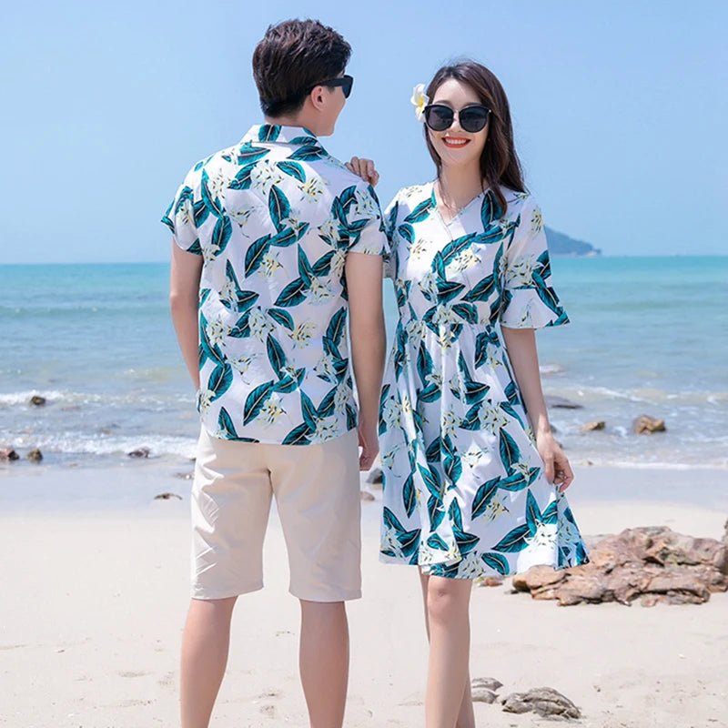 Family Matching Outfits Summer Beach Mother Daughter Dresses Dad Son Floral Shirt+Pants Couple Matching Outfits Women Girl Dress - PratSN