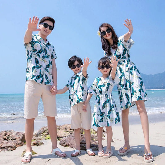 Family Matching Outfits Summer Beach Mother Daughter Dresses Dad Son Floral Shirt+Pants Couple Matching Outfits Women Girl Dress - PratSN