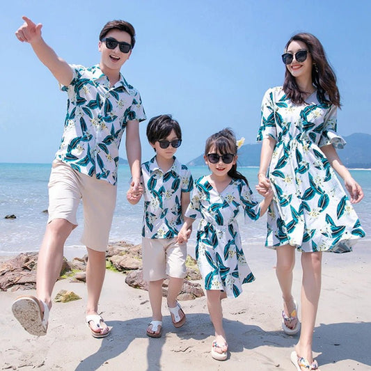 Family Matching Outfits Summer Beach Mother Daughter Dresses Dad Son Floral Shirt+Pants Couple Matching Outfits Women Girl Dress - PratSN