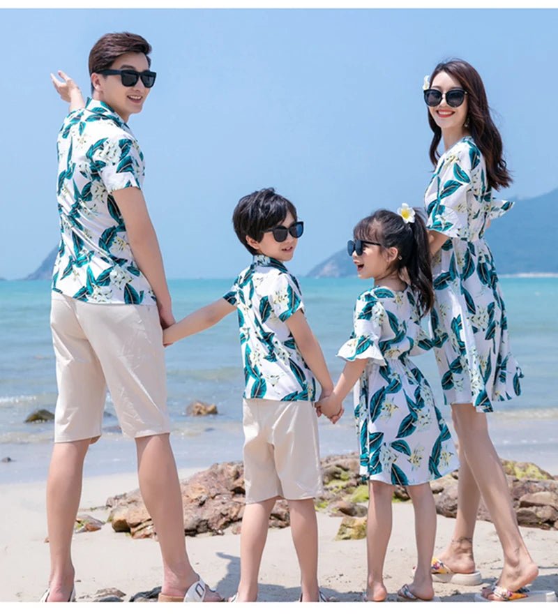 Family Matching Outfits Summer Beach Mother Daughter Dresses Dad Son Floral Shirt+Pants Couple Matching Outfits Women Girl Dress - PratSN