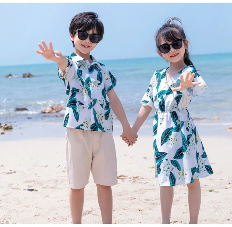 Family Matching Outfits Summer Beach Mother Daughter Dresses Dad Son Floral Shirt+Pants Couple Matching Outfits Women Girl Dress - PratSN