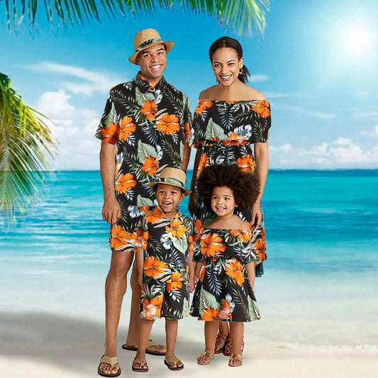 Family Matching Outfits Vacation Holiday Hawaii Mom And Daughter Floral Beach Dresses Dad And Son Shirts Shorts Outfits - PratSN
