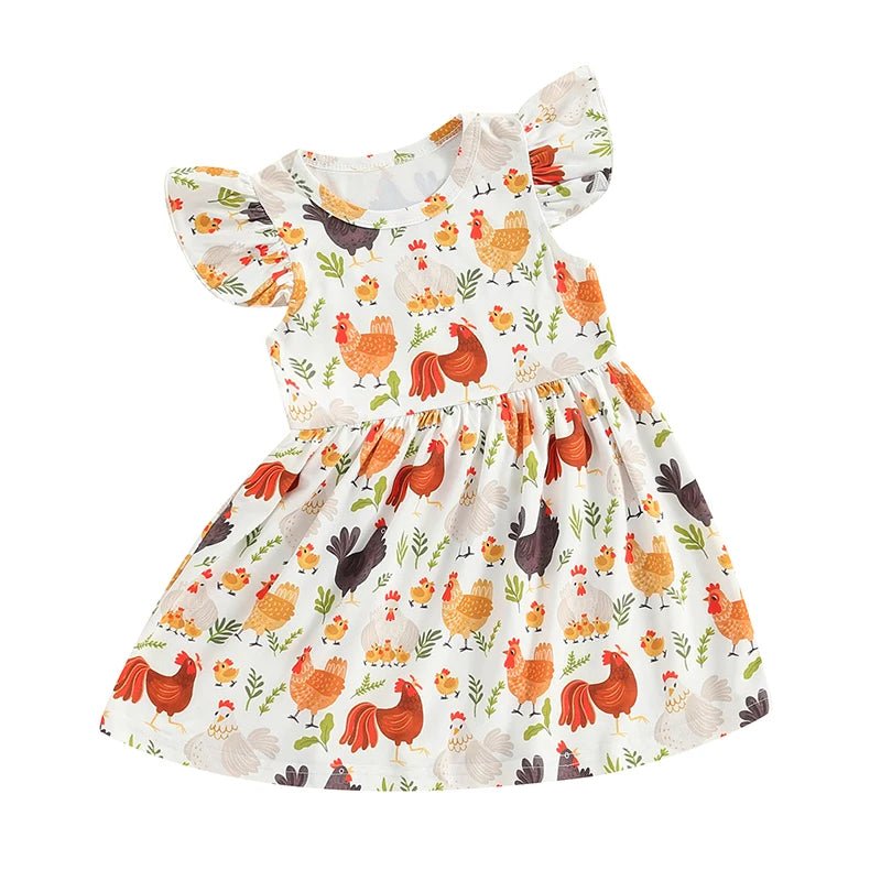 Farm Baby Clothes Animals Rooster Hen Print Fly Sleeve Baby Dress Summer Clothes 6 12 18 24Months 2T 3T 4T - PratSN