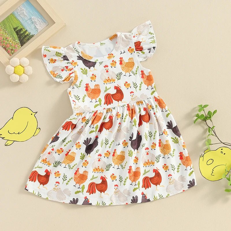 Farm Baby Clothes Animals Rooster Hen Print Fly Sleeve Baby Dress Summer Clothes 6 12 18 24Months 2T 3T 4T - PratSN