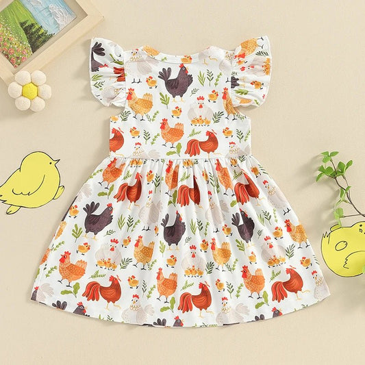 Farm Baby Clothes Animals Rooster Hen Print Fly Sleeve Baby Dress Summer Clothes 6 12 18 24Months 2T 3T 4T - PratSN