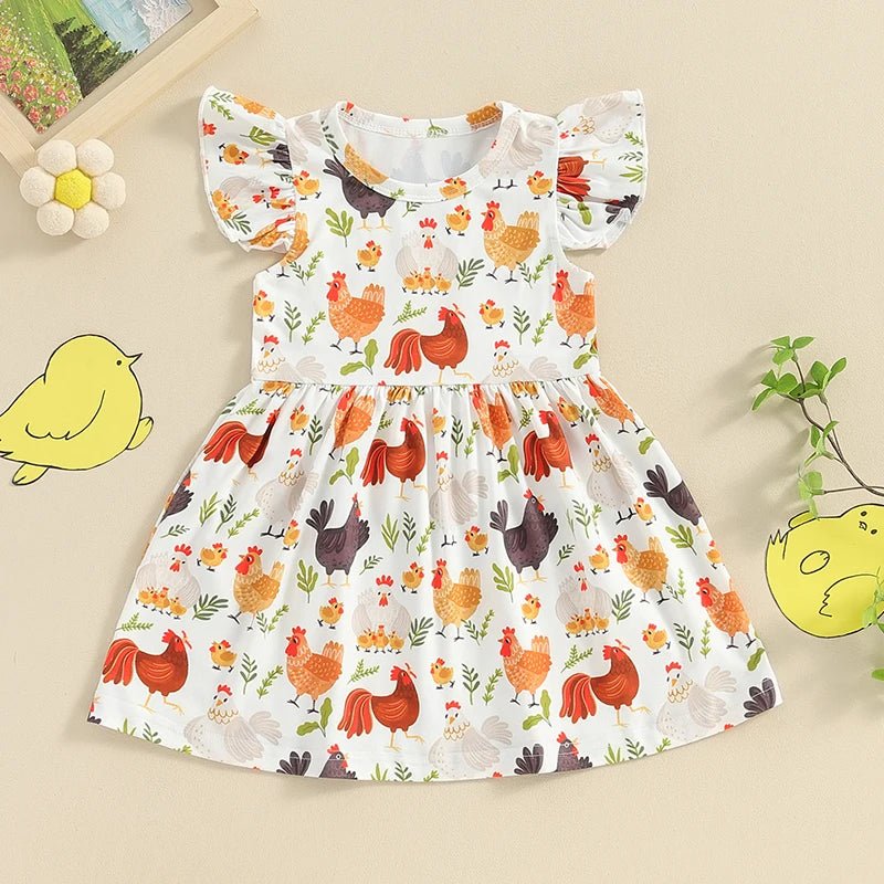 Farm Baby Clothes Animals Rooster Hen Print Fly Sleeve Baby Dress Summer Clothes 6 12 18 24Months 2T 3T 4T - PratSN