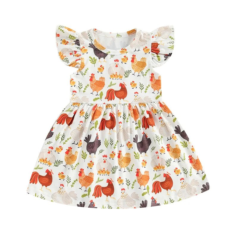 Farm Baby Clothes Animals Rooster Hen Print Fly Sleeve Baby Dress Summer Clothes 6 12 18 24Months 2T 3T 4T - PratSN