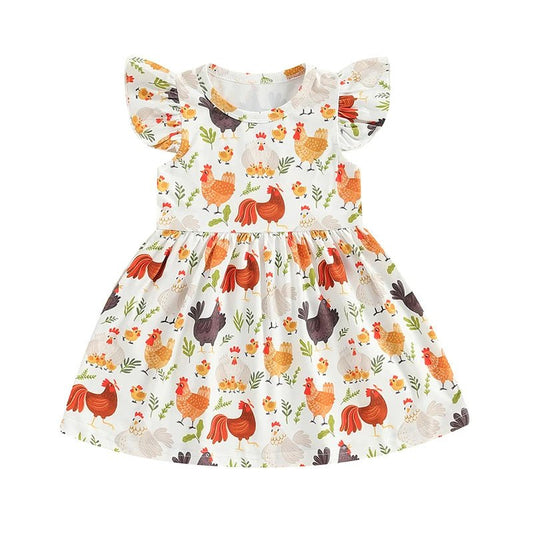 Farm Baby Clothes Animals Rooster Hen Print Fly Sleeve Baby Dress Summer Clothes 6 12 18 24Months 2T 3T 4T - PratSN