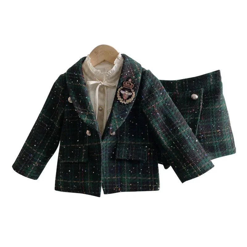 Fashion Baby Girl Clothes Set Autumn Spring Vintage Plaid Blazer Outwear Coat +Shorts Children's Clothing Outfits Suit 2pcs 2 - 7Y - PratSN
