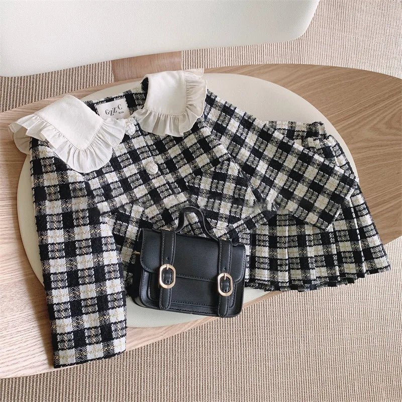 Fashion Baby Girl Clothes Set Autumn Spring Vintage Plaid Blazer Outwear Coat +Shorts Children's Clothing Outfits Suit 2pcs 2 - 7Y - PratSN