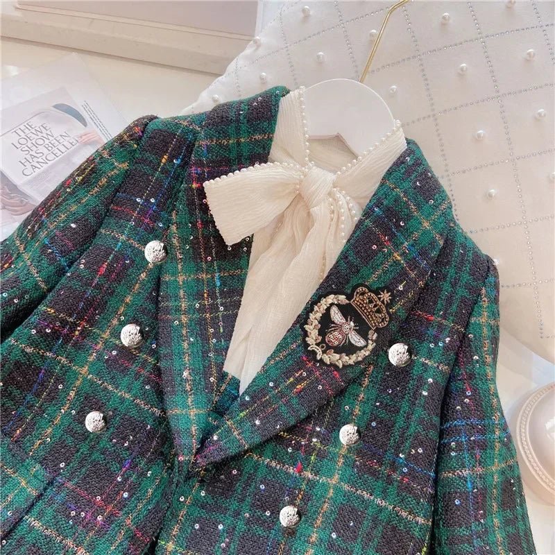 Fashion Baby Girl Clothes Set Autumn Spring Vintage Plaid Blazer Outwear Coat +Shorts Children's Clothing Outfits Suit 2pcs 2 - 7Y - PratSN