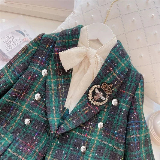 Fashion Baby Girl Clothes Set Autumn Spring Vintage Plaid Blazer Outwear Coat +Shorts Children's Clothing Outfits Suit 2pcs 2 - 7Y - PratSN