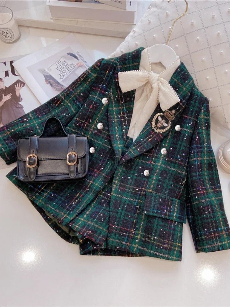 Fashion Baby Girl Clothes Set Autumn Spring Vintage Plaid Blazer Outwear Coat +Shorts Children's Clothing Outfits Suit 2pcs 2 - 7Y - PratSN