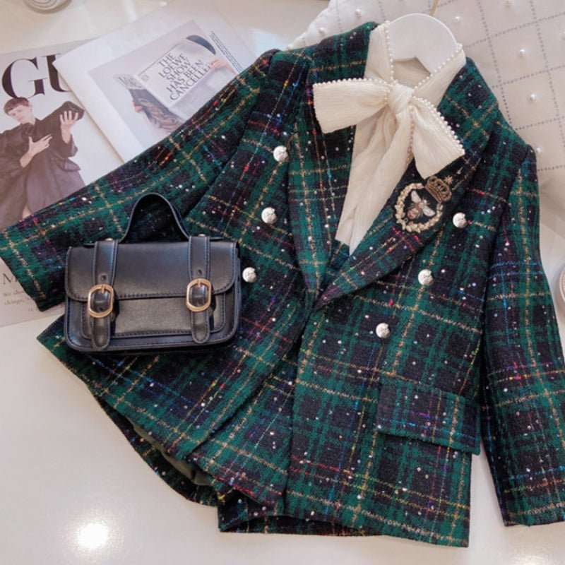Fashion Baby Girl Clothes Set Autumn Spring Vintage Plaid Blazer Outwear Coat +Shorts Children's Clothing Outfits Suit 2pcs 2 - 7Y - PratSN