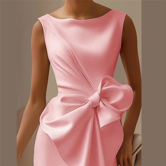 Fashion Bowknot Dress Solid Color Elegant Slim Sleeveless Dresses Women's Casual Office Party Clothing - PratSN