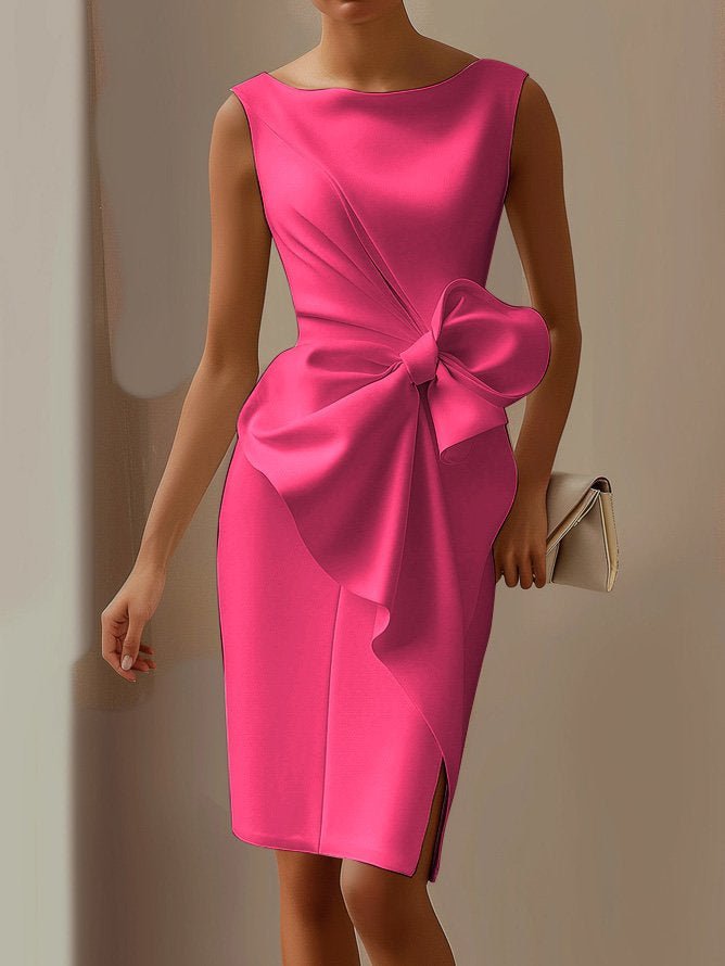 Fashion Bowknot Dress Solid Color Elegant Slim Sleeveless Dresses Women's Casual Office Party Clothing - PratSN