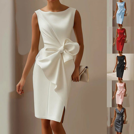 Fashion Bowknot Dress Solid Color Elegant Slim Sleeveless Dresses Women's Casual Office Party Clothing - PratSN