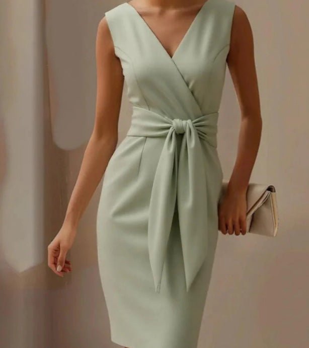 Fashion Bowknot Dress Solid Color Elegant Slim Sleeveless Dresses Women's Casual Office Party Clothing - PratSN