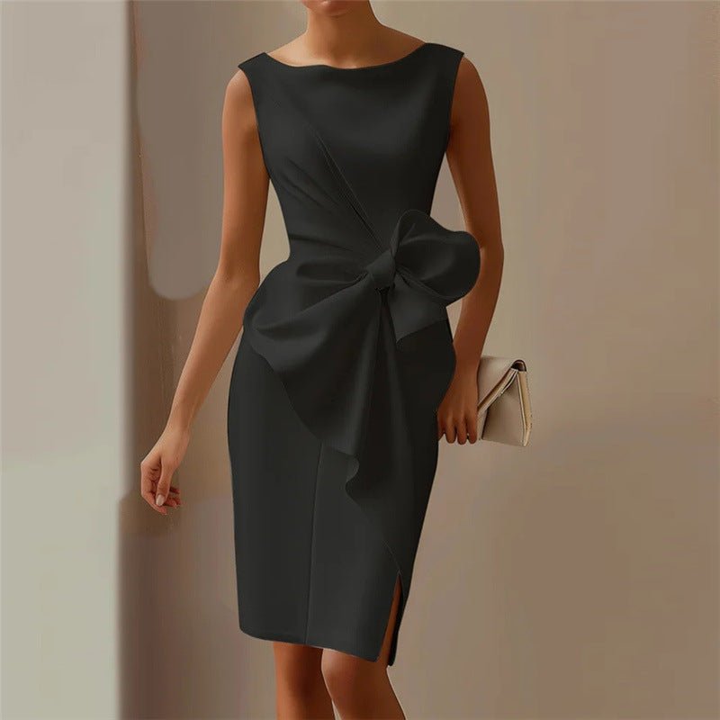 Fashion Bowknot Dress Solid Color Elegant Slim Sleeveless Dresses Women's Casual Office Party Clothing - PratSN