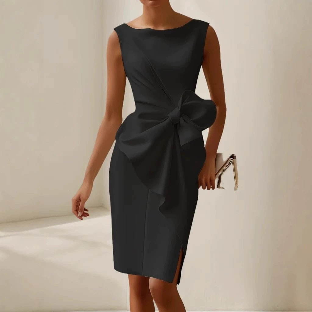 Fashion Bowknot Dress Solid Color Elegant Slim Sleeveless Dresses Women's Casual Office Party Clothing - PratSN