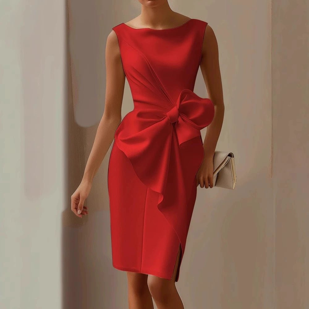 Fashion Bowknot Dress Solid Color Elegant Slim Sleeveless Dresses Women's Casual Office Party Clothing - PratSN